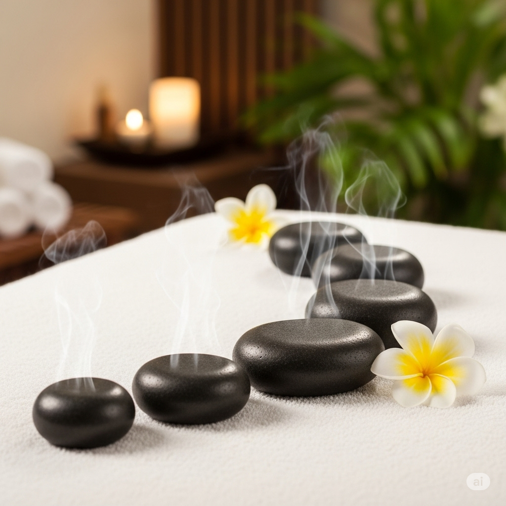 Detail na lávové kamene pripravené na masáž v salóne Kaya